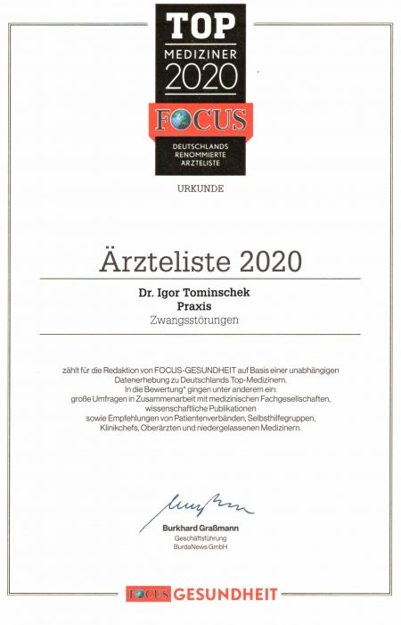 Ärzteliste 2020 der Zeitschrift Focus, Dr. Tominschek als Experte im Bereich Zwangsstörung